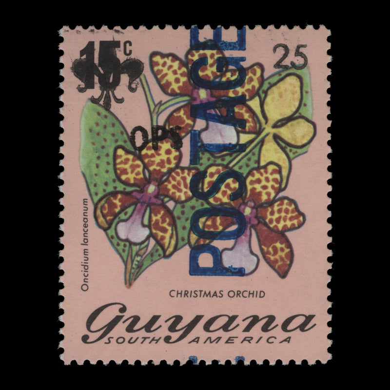 Guyana 1984 (MNH) 25c/15c Christmas Orchid provisional, fleur-de-lys obliterator