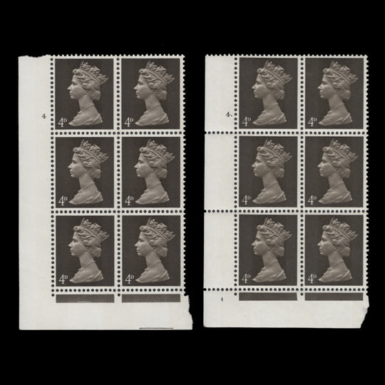 Great Britain 1967 (MNH) 4d Deep Sepia cylinder 4 and 4. blocks, gum arabic
