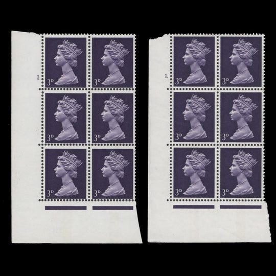Great Britain 1968 (MNH) 3d Violet cylinder 1 and 1. blocks, PVA, perf type A