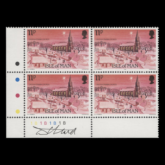 Isle of Man 1985 (MLH) 11p Christmas/Manx Churches block signed by designer