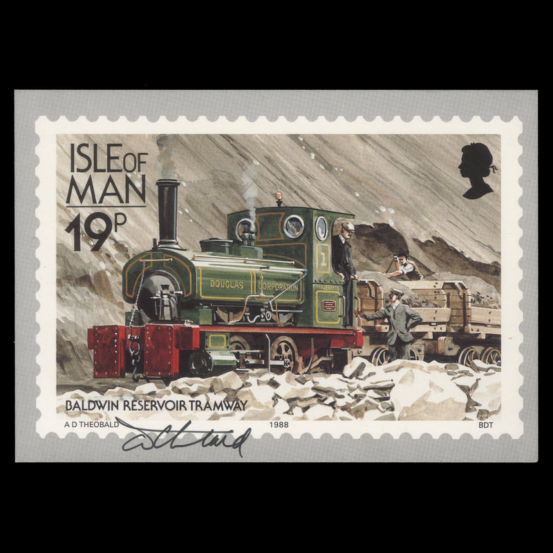 Isle of Man 1988 Baldwin Reservoir Tramway PHQ card signed by stamp designer