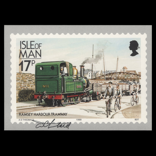 Isle of Man 1988 Ramsey Harbour Tramway PHQ card signed by stamp designer
