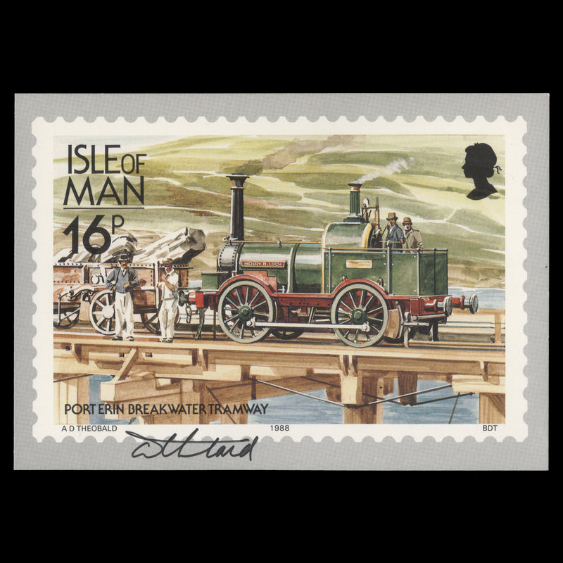 Isle of Man 1988 Port Erin Breakwater Tramway PHQ card signed by stamp designer