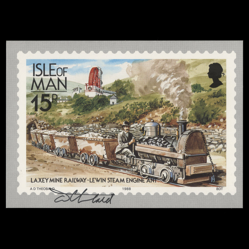 Isle of Man 1988 Laxey Mine Railway PHQ card signed by stamp designer