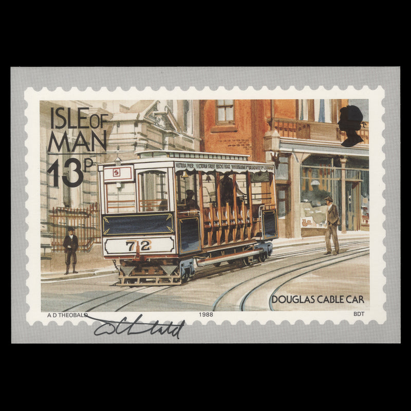 Isle of Man 1988 Douglas Cable Car PHQ card signed by stamp designer