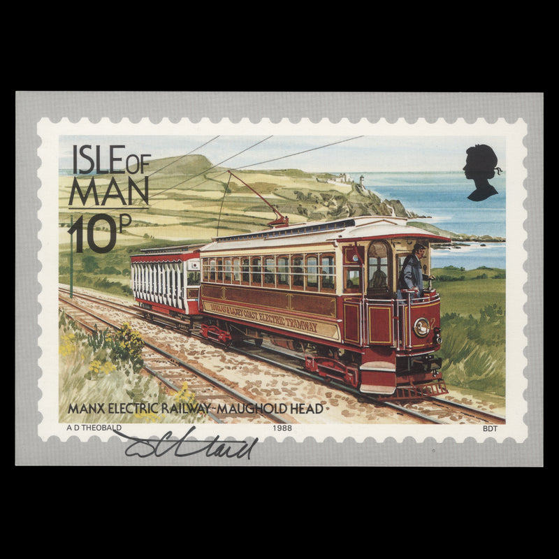 Isle of Man 1988 Manx Electric Railway PHQ card signed by stamp designer