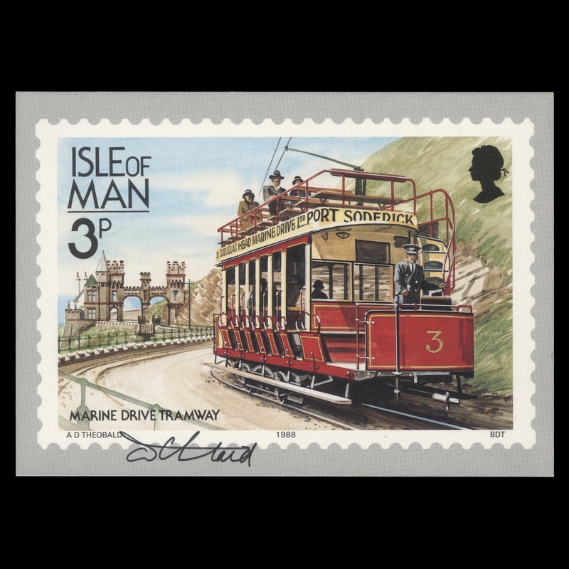 Isle of Man 1988 Marine Drive Tramway PHQ card signed by stamp designe
