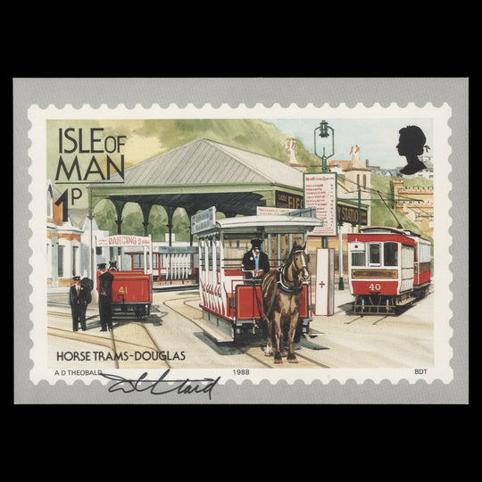 Isle of Man 1988 Douglas Horse Trams PHQ card signed by stamp designer