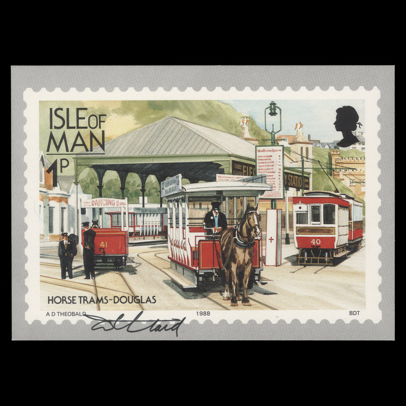 Isle of Man 1988 Douglas Horse Trams PHQ card signed by stamp designer