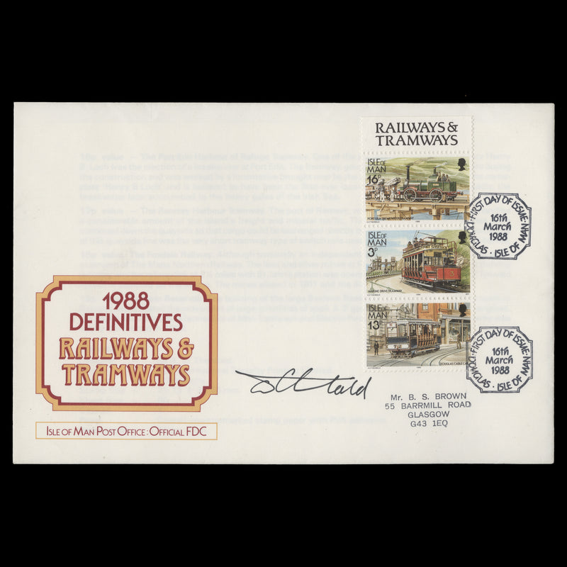 Isle of Man 1988 Railways & Tramways first day cover signed by designer