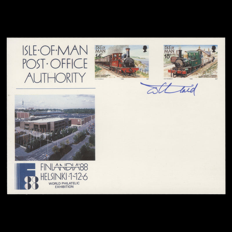 Isle of Man 1988 Finlandia '88 pre-stamped postcard signed by designer