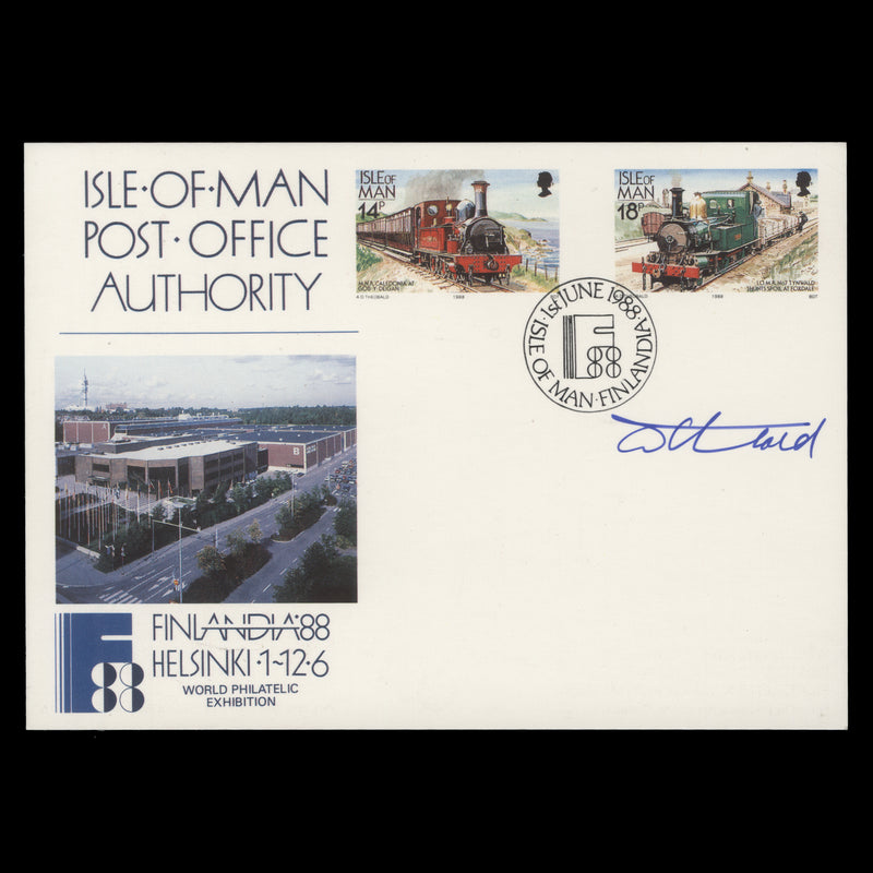 Isle of Man 1988 Finlandia '88 pre-stamped first day postcard signed by designer