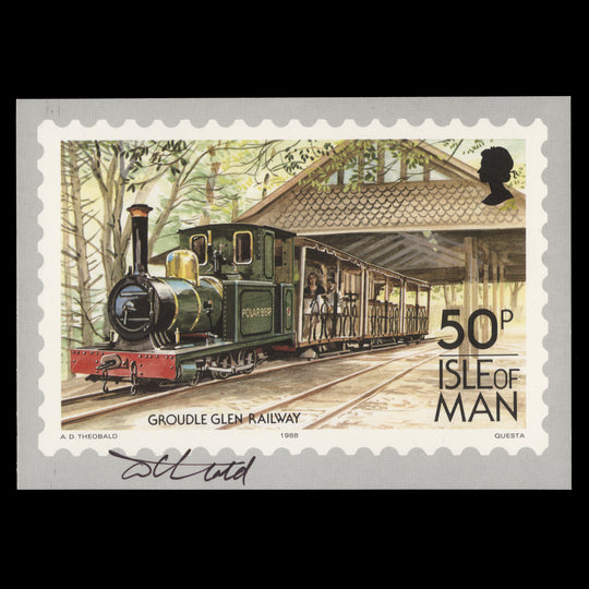 Isle of Man 1988 Groudle Glen Railway PHQ card signed by designer Tony Theobald