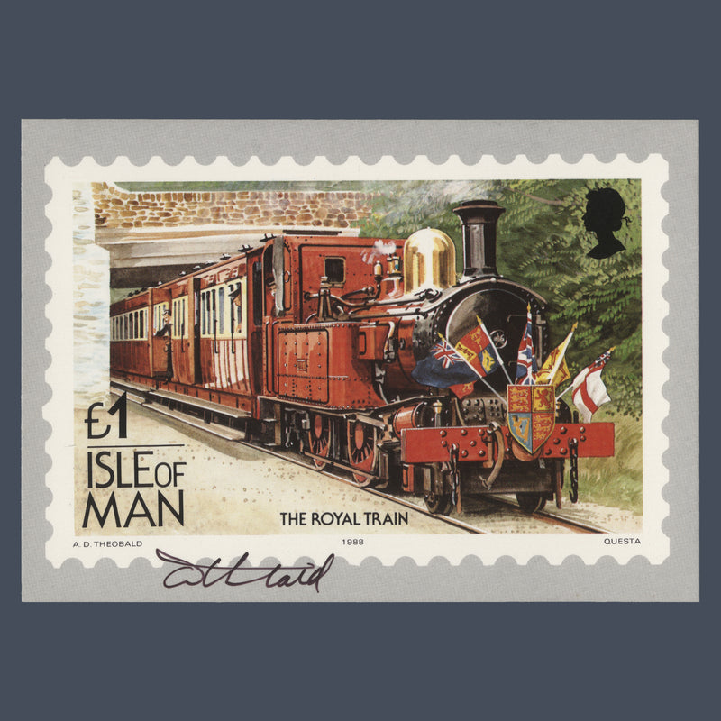 Isle of Man 1988 Royal Train PHQ card signed by designer Tony Theobald