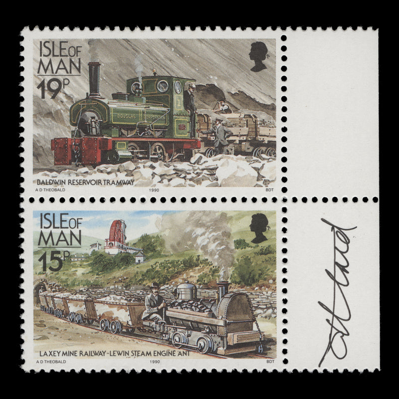 Isle of Man 1990 Railways & Tramways pair signed by stamp designer