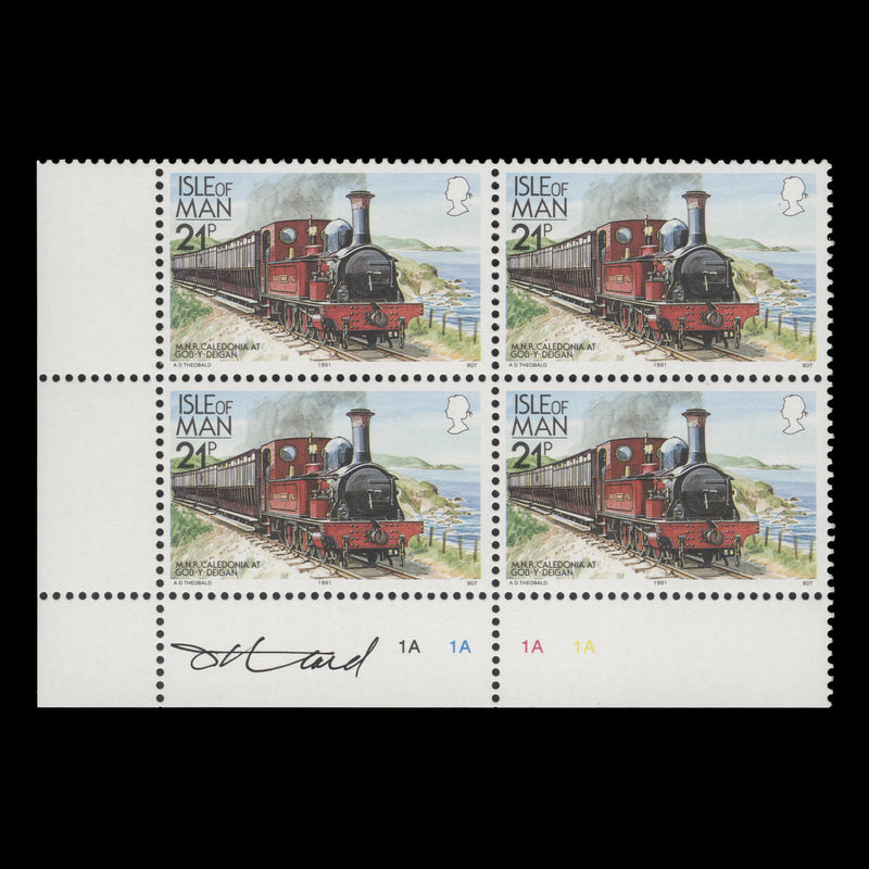 Isle of Man 1991 (MNH) 21p MNR Caledonia plate 1A block signed by designer