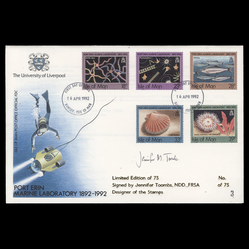 Isle of Man 1992 Port Erin Marine Laboratory first day cover signed by designer