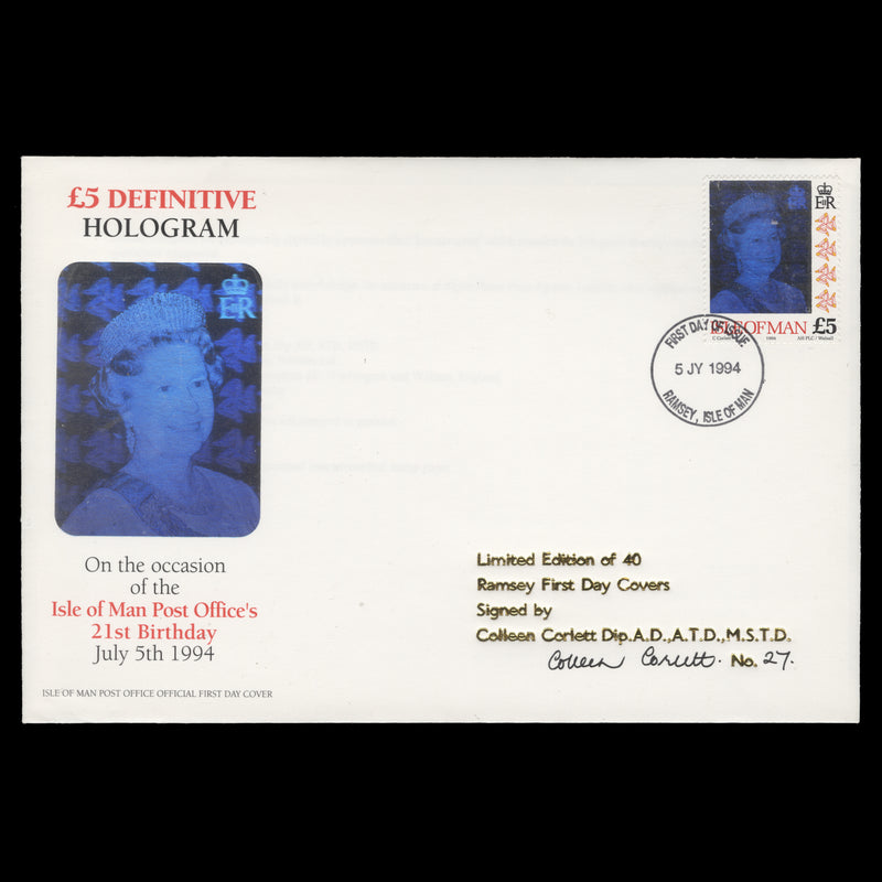 Isle of Man 1994 £5 Queen Elizabeth II first day cover signed by stamp designer