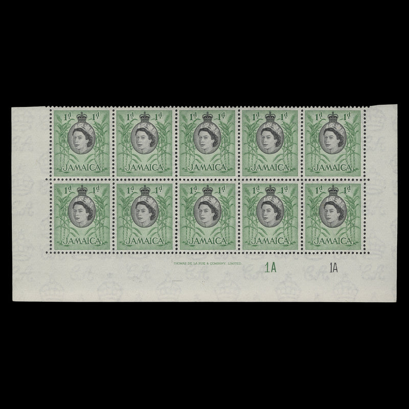 Jamaica 1956 (MNH) 1d Sugar Cane imprint/plate 1A–1A block