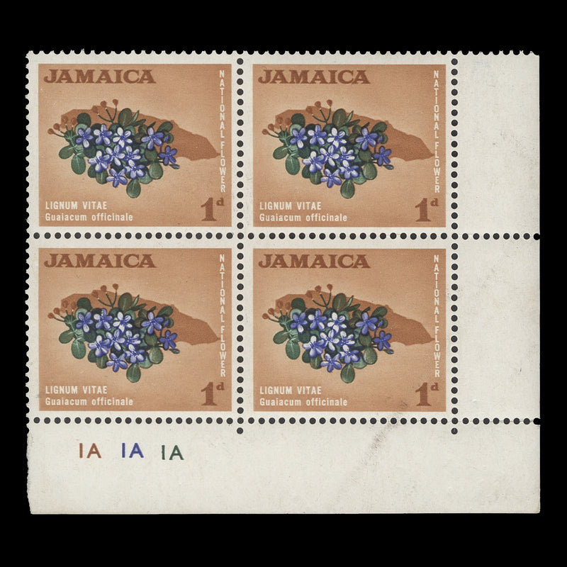 Jamaica 1964 (MNH) 1d Lignum Vitae plate 1A–1A–1A block