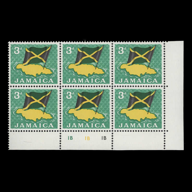 Jamaica 1964 (MNH) 3d Flag and Map plate 1B–1B–1B block