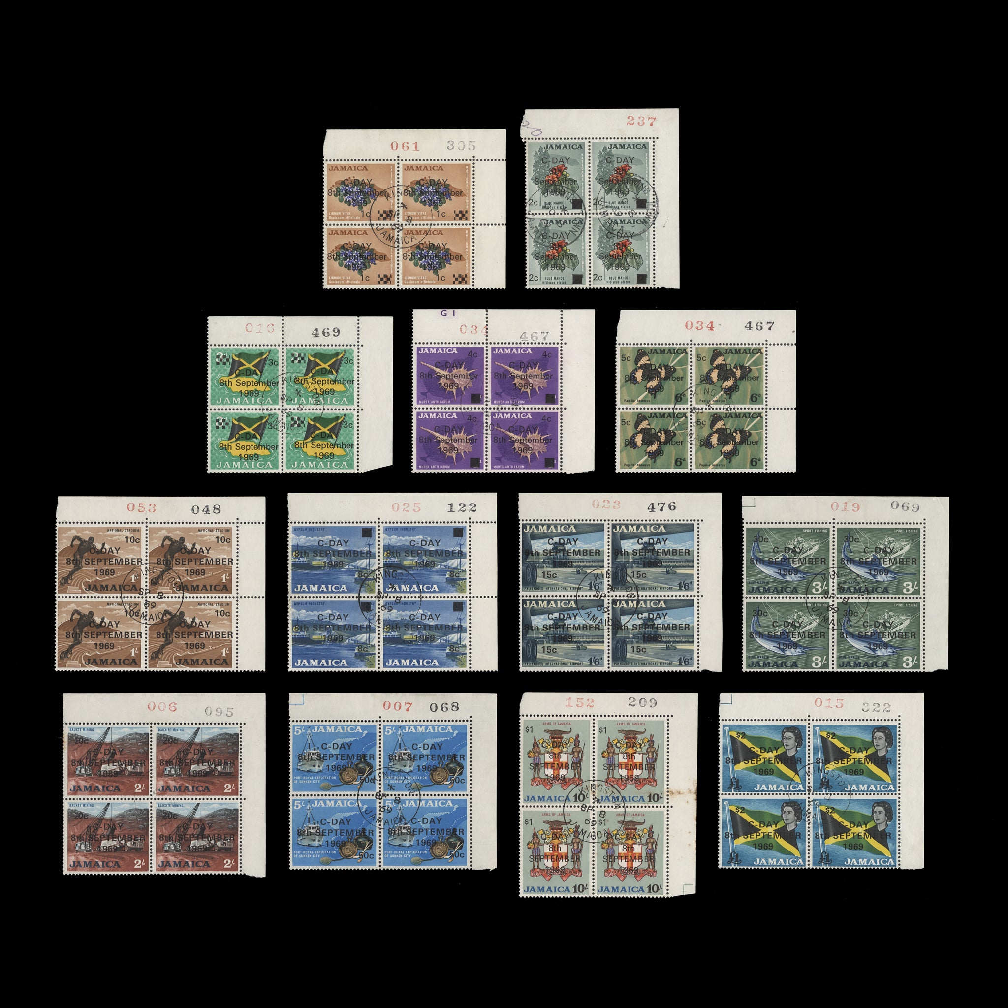Jamaica 1969 (Used) Decimal Provisionals sheet number blocks – ZEBOOSE.COM