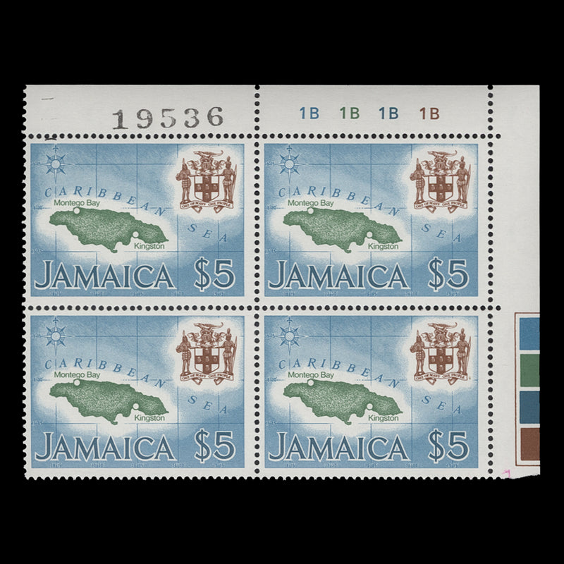 Jamaica 1979 (MNH) $5 Map plate 1B–1B–1B–1B block