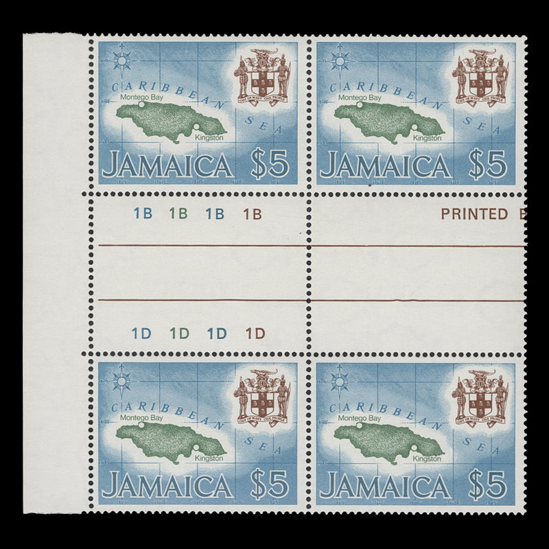 Jamaica 1979 (MNH) $5 Map gutter plate block