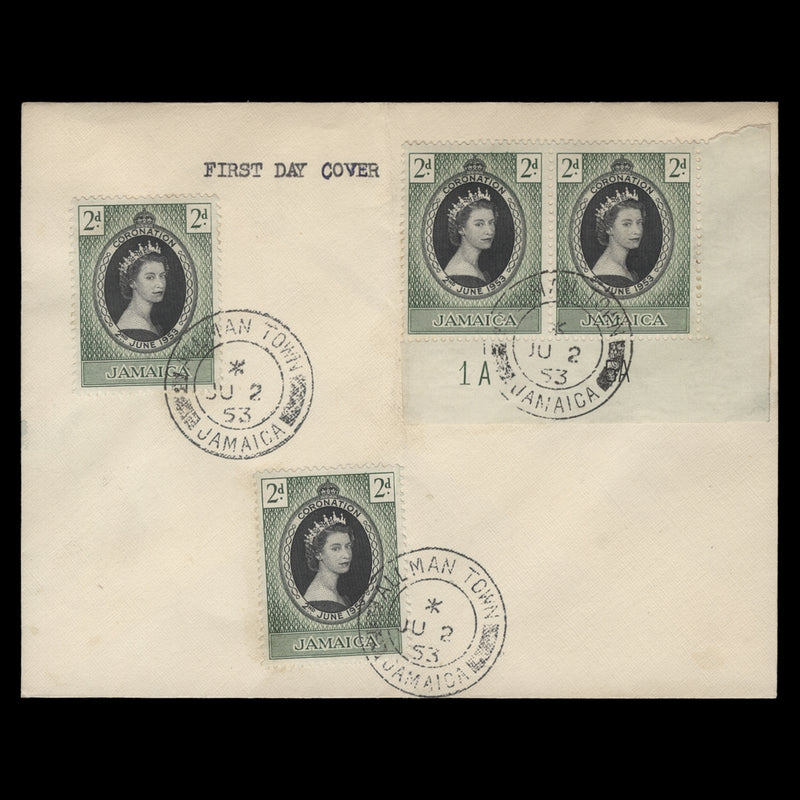 Jamaica 1953 (FDC) 2d Coronation plate 1A–5A pair, ALLMAN TOWN