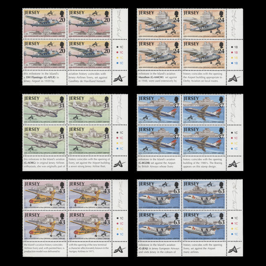 Jersey 1997 (MNH) Airport Anniversary plate blocks signed by Tony Theobald
