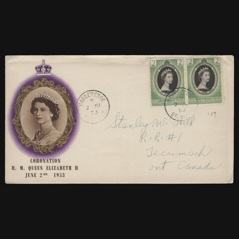 St Christopher Nevis Anguilla 1953 (FDC) 2c Coronation pair, BASSETERRE