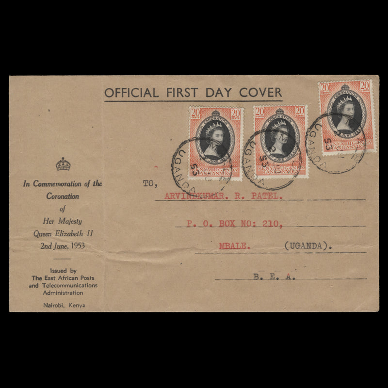 Kenya Uganda Tanganyika 1953 (FDC) 20c Coronation singles, MBALE