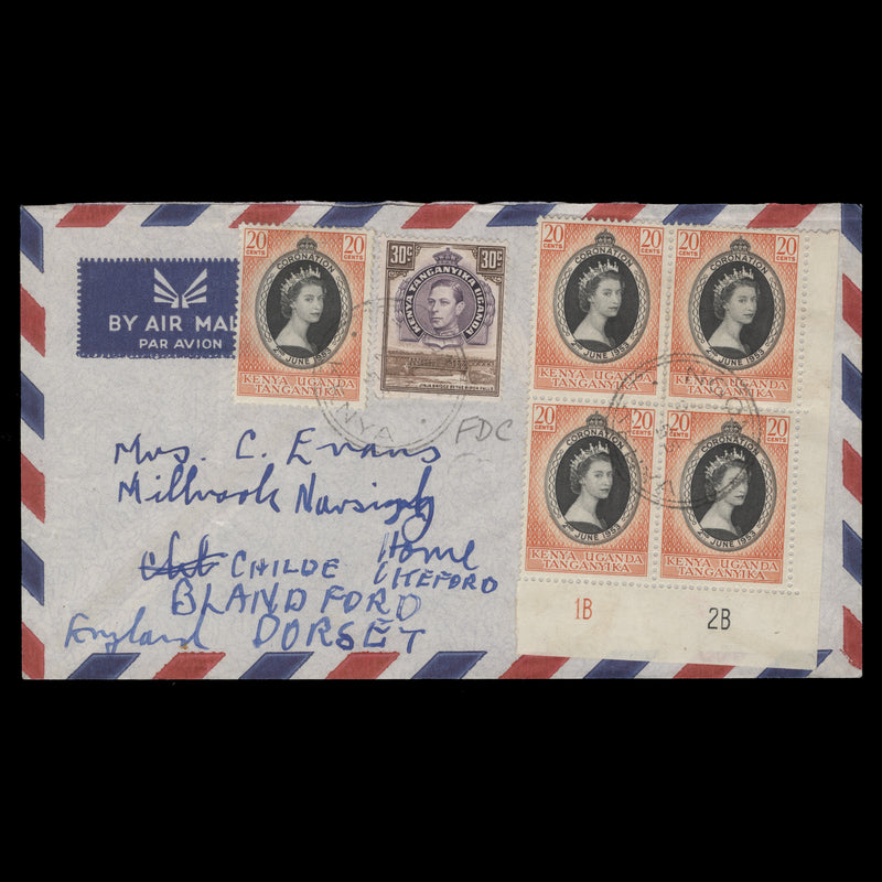 Kenya Uganda Tanganyika 1953 (FDC) 20c Coronation plate block, NGONG