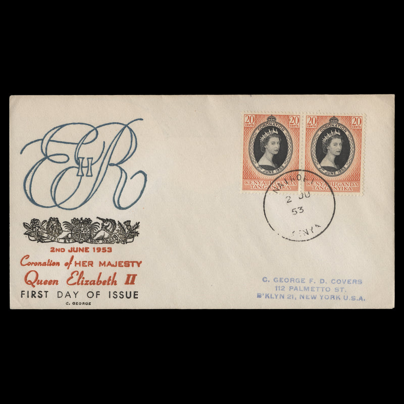 Kenya Uganda Tanganyika 1953 (FDC) 20c Coronation pair, NAIROBI