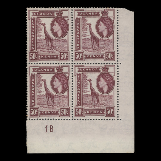 Kenya Uganda Tanganyika 1954 (MNH) 50c Giraffe plate 1B block