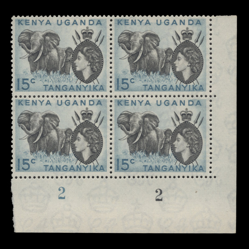 Kenya Uganda Tanganyika 1958 (MNH) 15c Elephants plate 2–2 block
