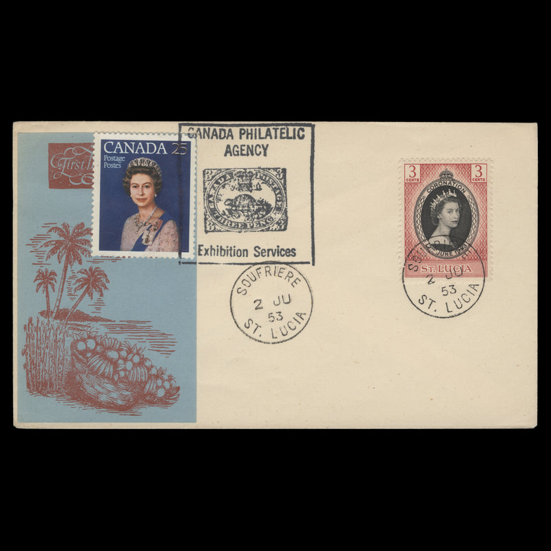 Saint Lucia 1953 (FDC) 3c Coronation, SOUFRIERE