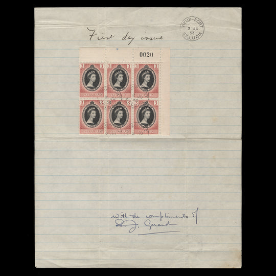 Saint Lucia 1953 (CTO) 3c Coronation block, VIEUX-FORT