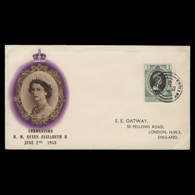 Leeward Islands 1953 (FDC) 3c Coronation, ST JOHNS