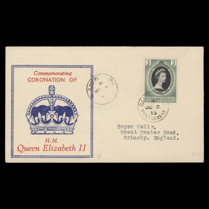 Leeward Islands 1953 (FDC) 3c Coronation, PLYMOUTH