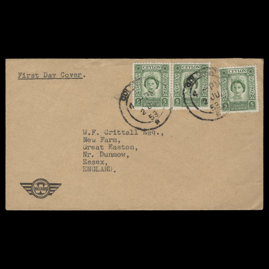 Ceylon 1953 (FDC) 5c Coronation pair and single, COLOMBO 8
