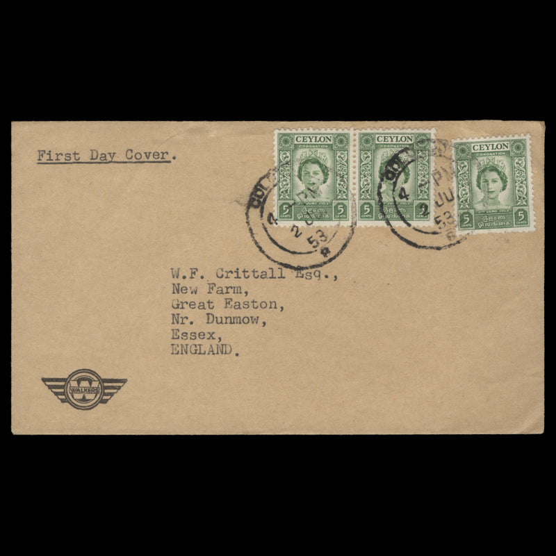 Ceylon 1953 (FDC) 5c Coronation pair and single, COLOMBO 8