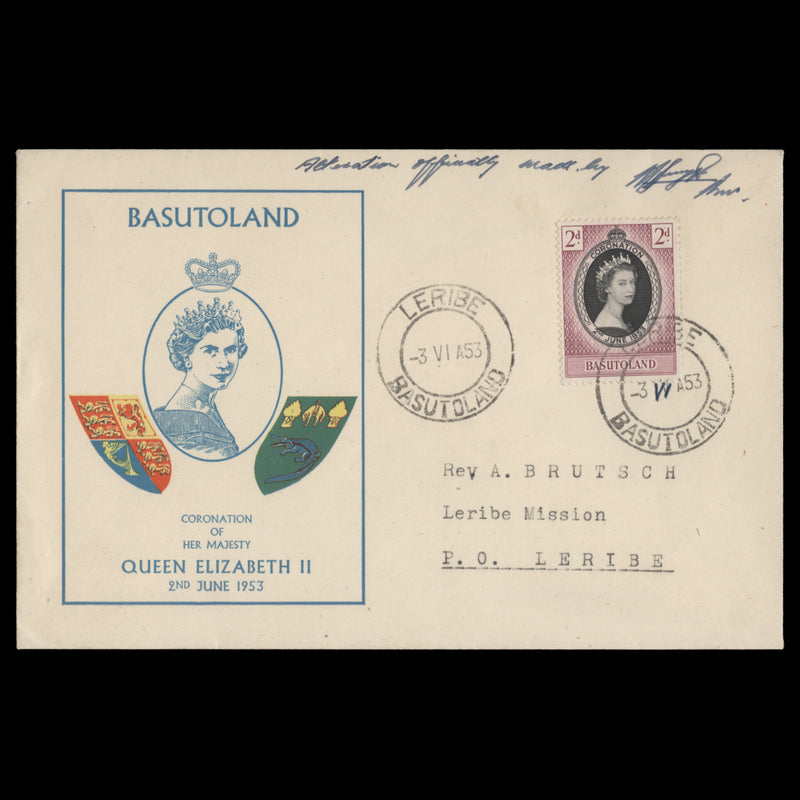 Basutoland 1953 (FDC) 2d Coronation, LERIBE