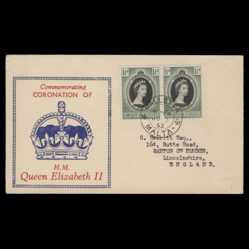 Malta 1953 (FDC) 1½d Coronation pair, VALLETTA