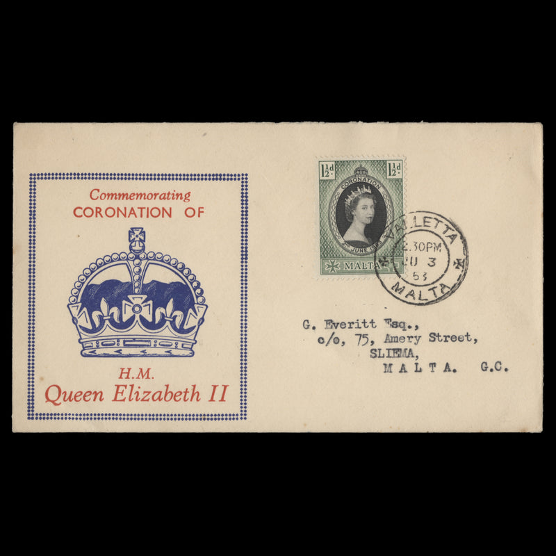 Malta 1953 (FDC) 1½d Coronation, VALLETTA