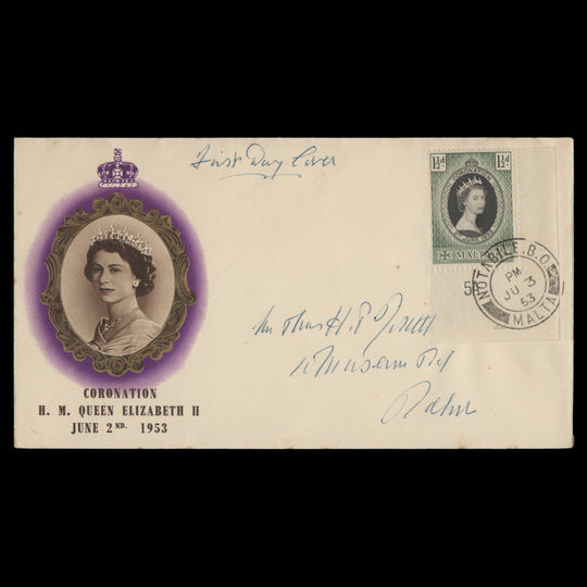 Malta 1953 (FDC) 1½d Coronation, NOTABILE