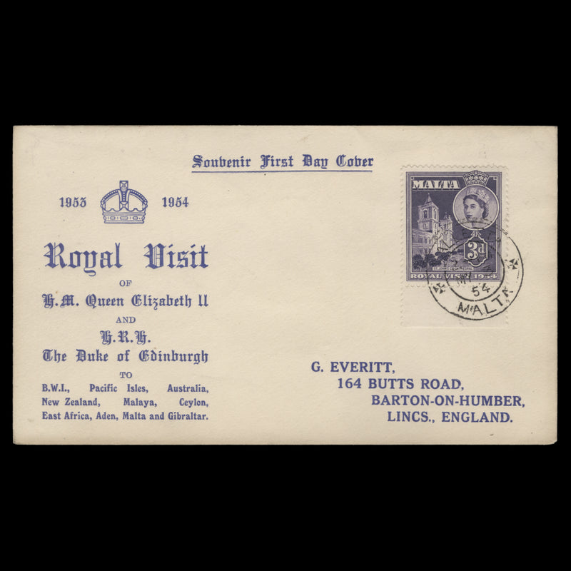 Malta 1954 Royal Visit first day cover, VALLETTA