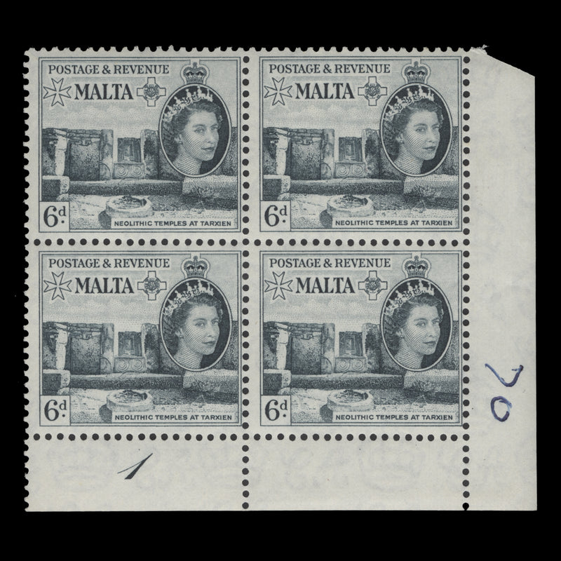 Malta 1956 (MNH) 6d Neolithic Temples plate 1 block