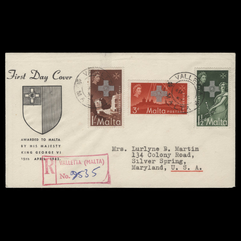 Malta 1957 George Cross Commemoration first day cover, VALLETTA