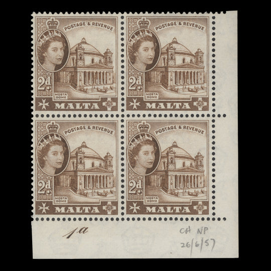Malta 1957 (MNH) 2d Mosta Church plate block, brown